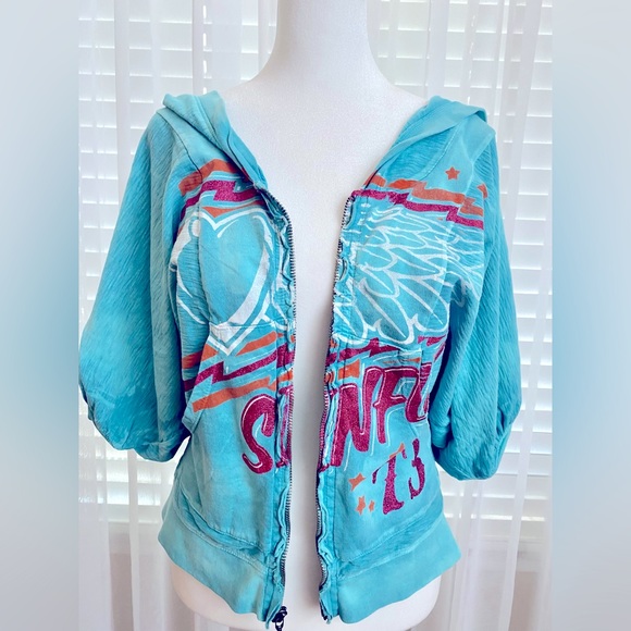 NWOT SINFUL by AFFLICTION ZIP UP HOODIE BUBBLE HALF SLEEVES CASUAL BLUE SZ SMALL - Picture 5 of 6